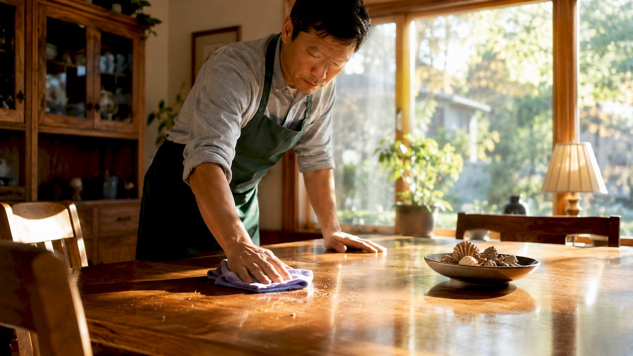 Man cleaning kitchen countertop removing allergens
