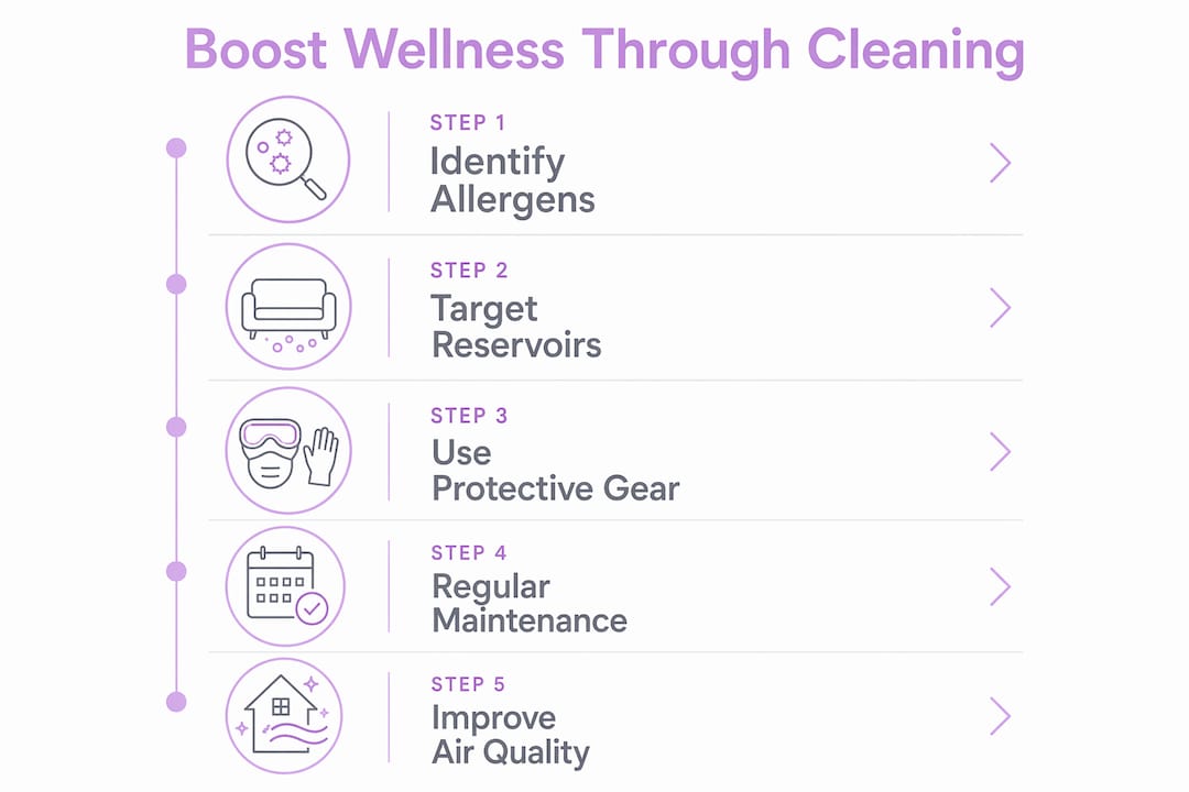 Infographic illustrating cleaning steps for reducing allergens
