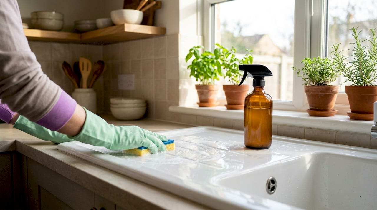 Hands scrubbing kitchen sink with non-toxic cleaner