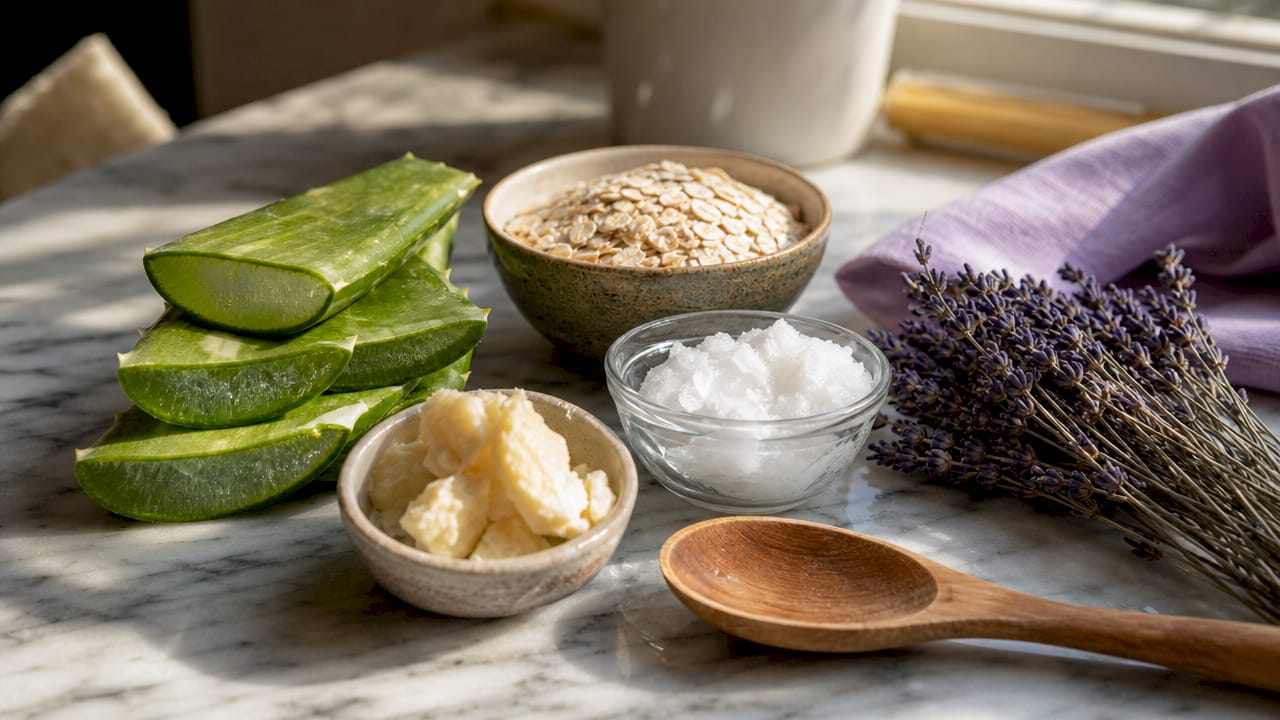 Flat lay of key natural grooming ingredients