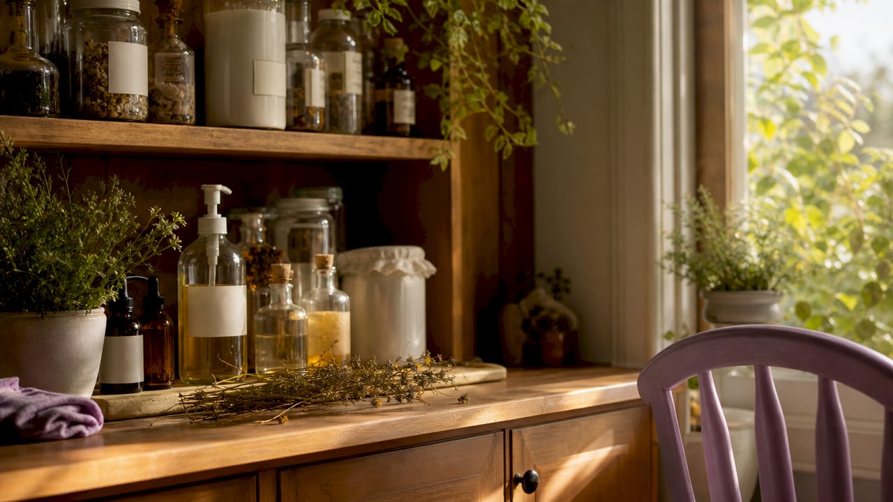 Labeled natural cleaning ingredient containers on shelf