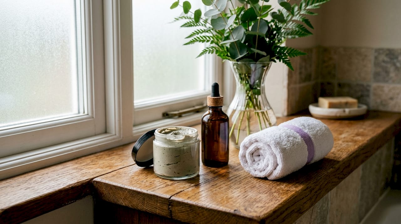 Clay face wash and natural skincare products on shelf