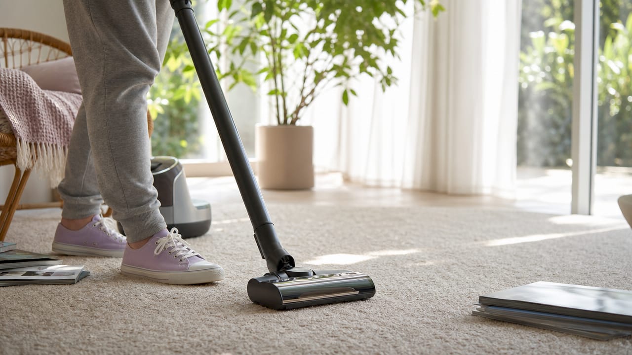 Vacuum cleaner in use on living room carpet