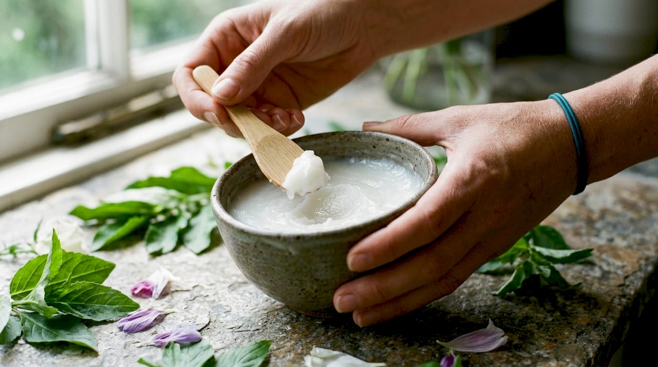 Hands holding shea butter in ceramic bowl with spatula