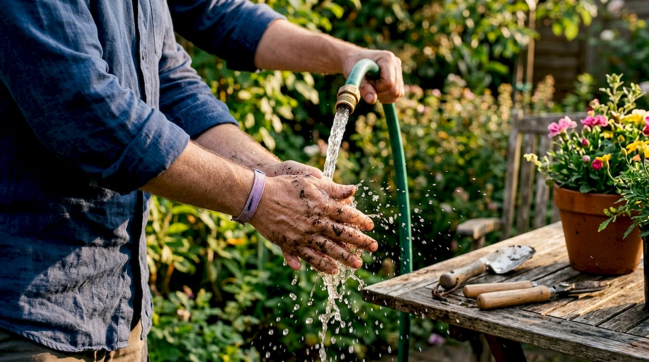 Hands rinsing soap under running tap water