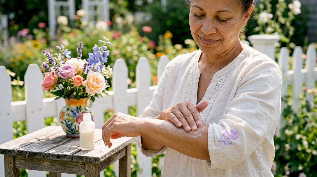 Woman touching arm outdoors illustrating skin care