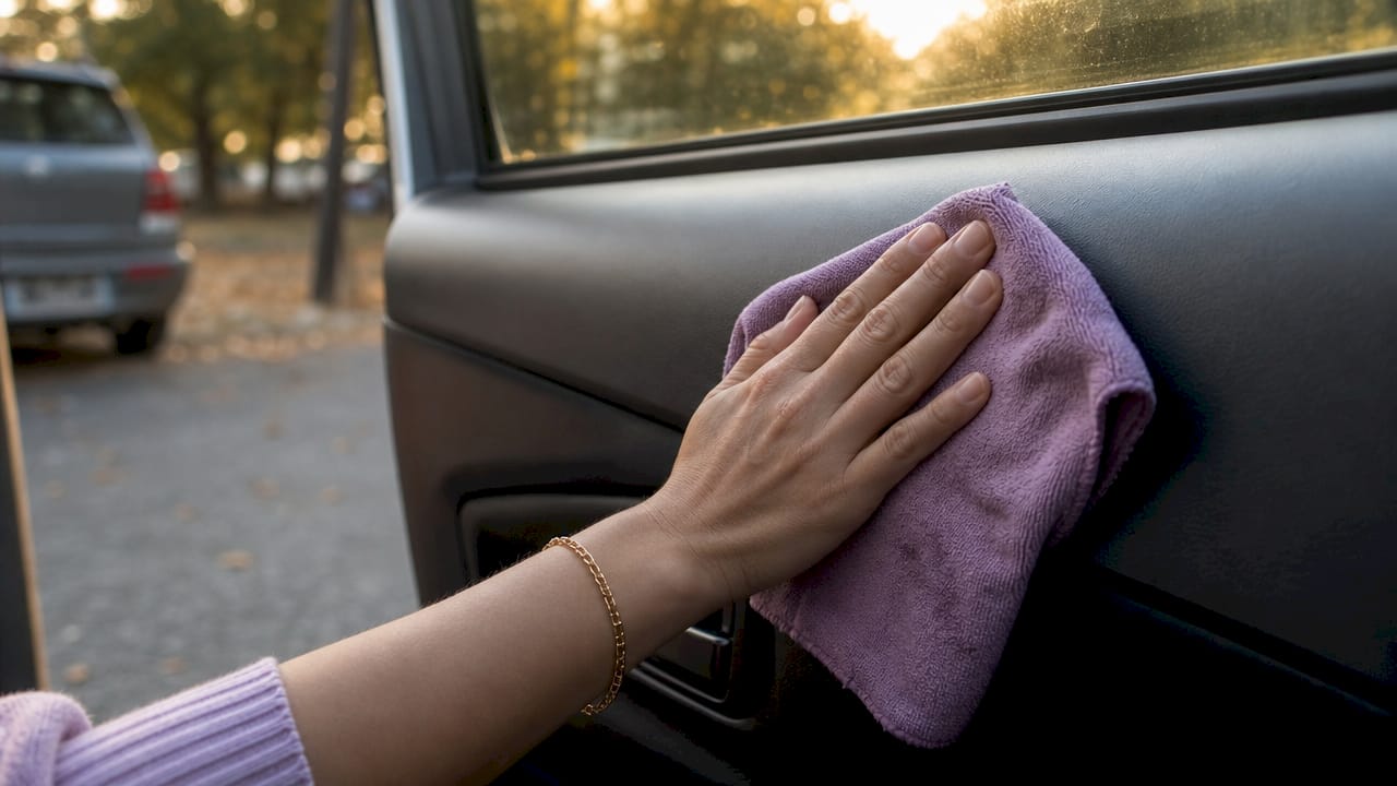 Hand wiping car dashboard with microfiber cloth