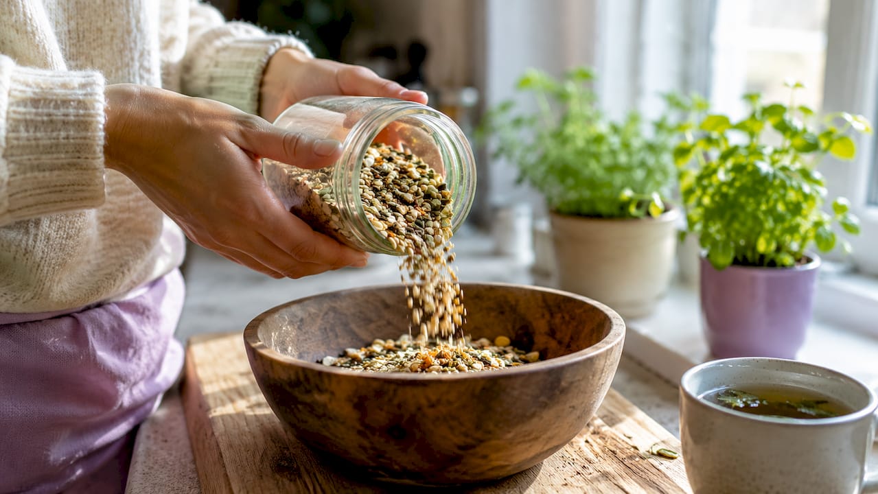 Hands holding jar of dietary fiber mix