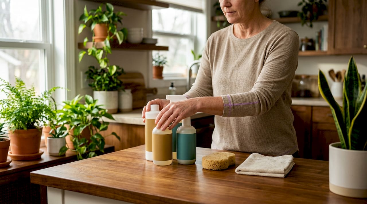 Woman organizing safe cleaning products in kitchen