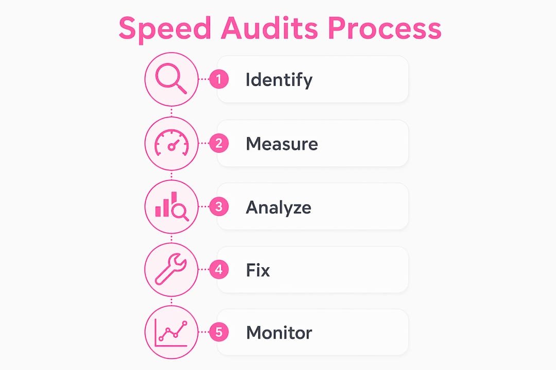 Infographic showing website speed audit process steps
