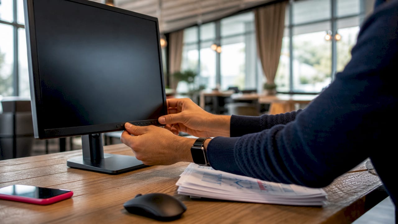 Hands adjusting monitor settings in home office