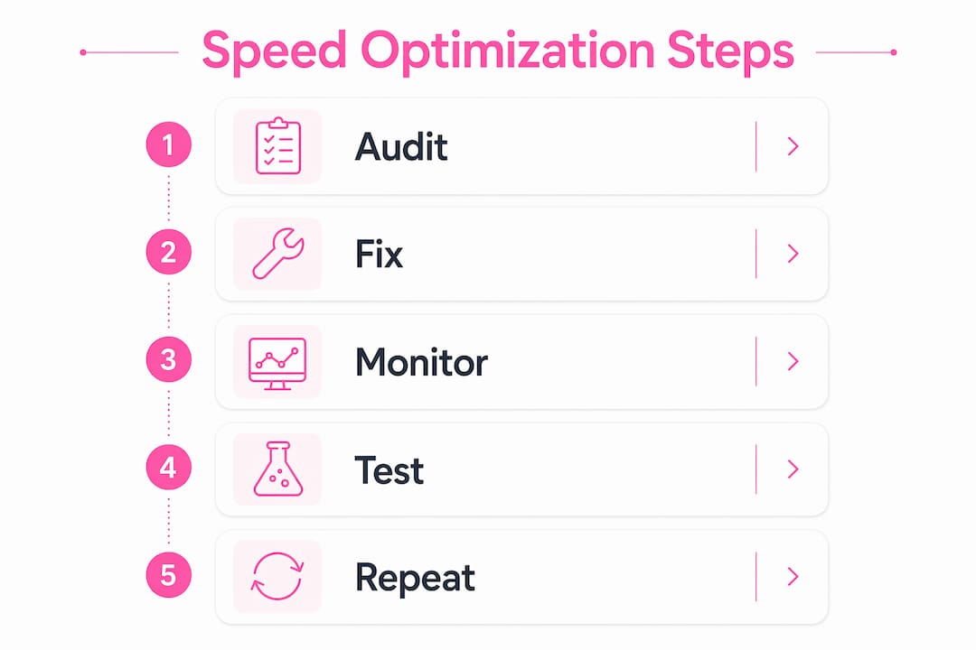 Infographic illustrating ongoing website speed optimization workflow steps