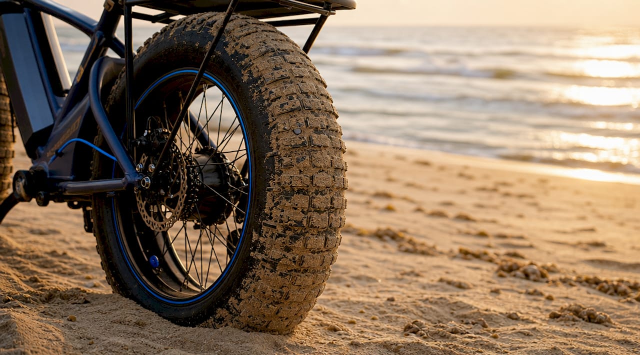 Een close-up van een brede fatbikeband van een e-bike op een grindpad.