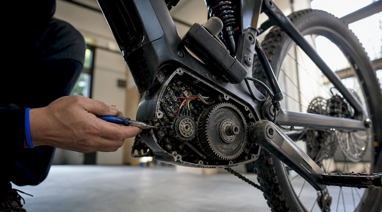 Een monteur controleert de motor van een e-bike met behulp van gereedschap.