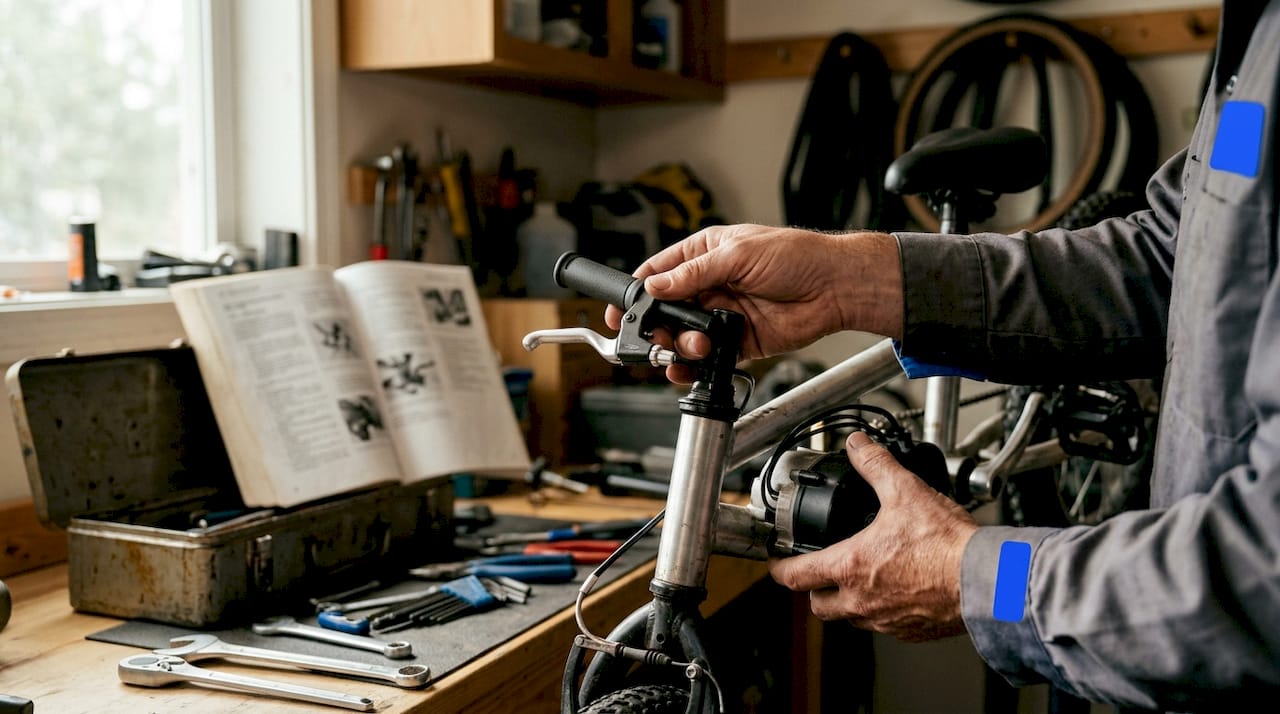 Een paar handen inspecteren de veiligheidsonderdelen van een elektrische fiets.