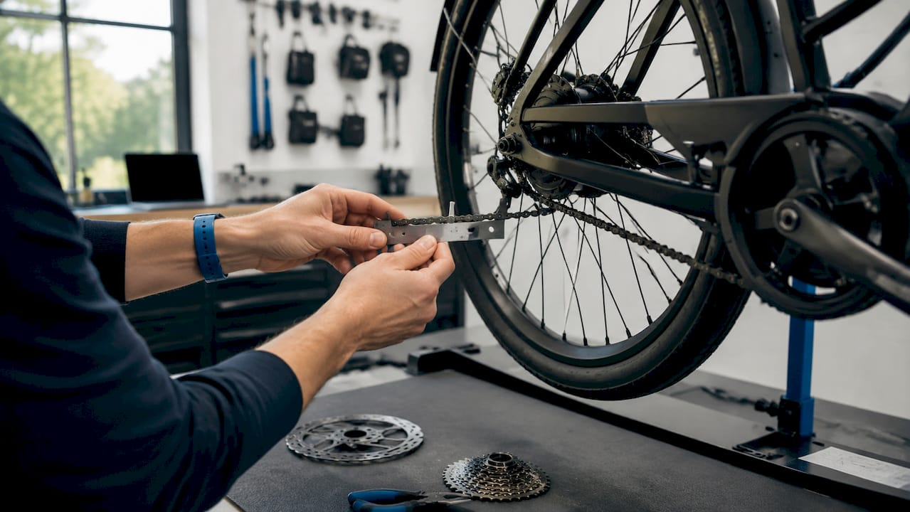 Met een kettingmeetsleutel wordt gecontroleerd hoeveel slijtage de e-bike ketting heeft.