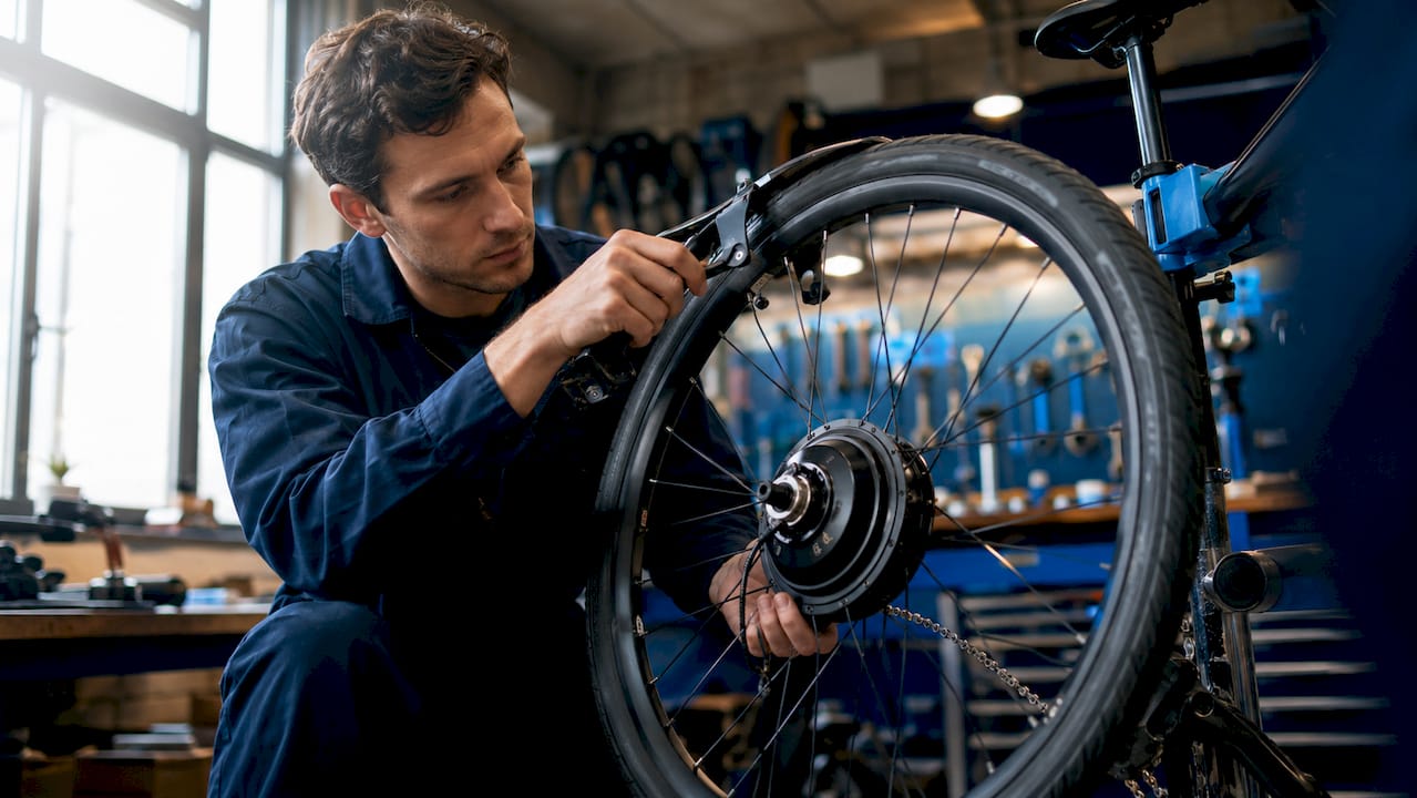 Close-up van een monteur die de remhendel van een fiets met naafmotor bedient