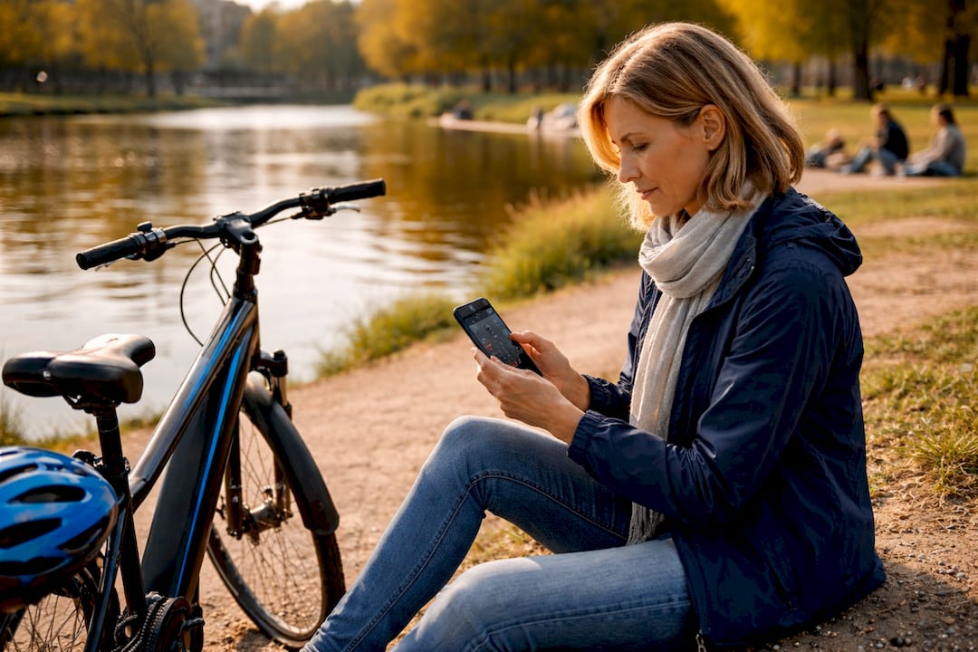 Vrouw bekijkt het motorvermogen van haar e-bike via een app op haar smartphone