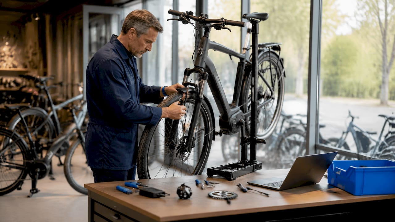 Een fietsenmaker kijkt in de werkplaats de remmen van een e-bike na.