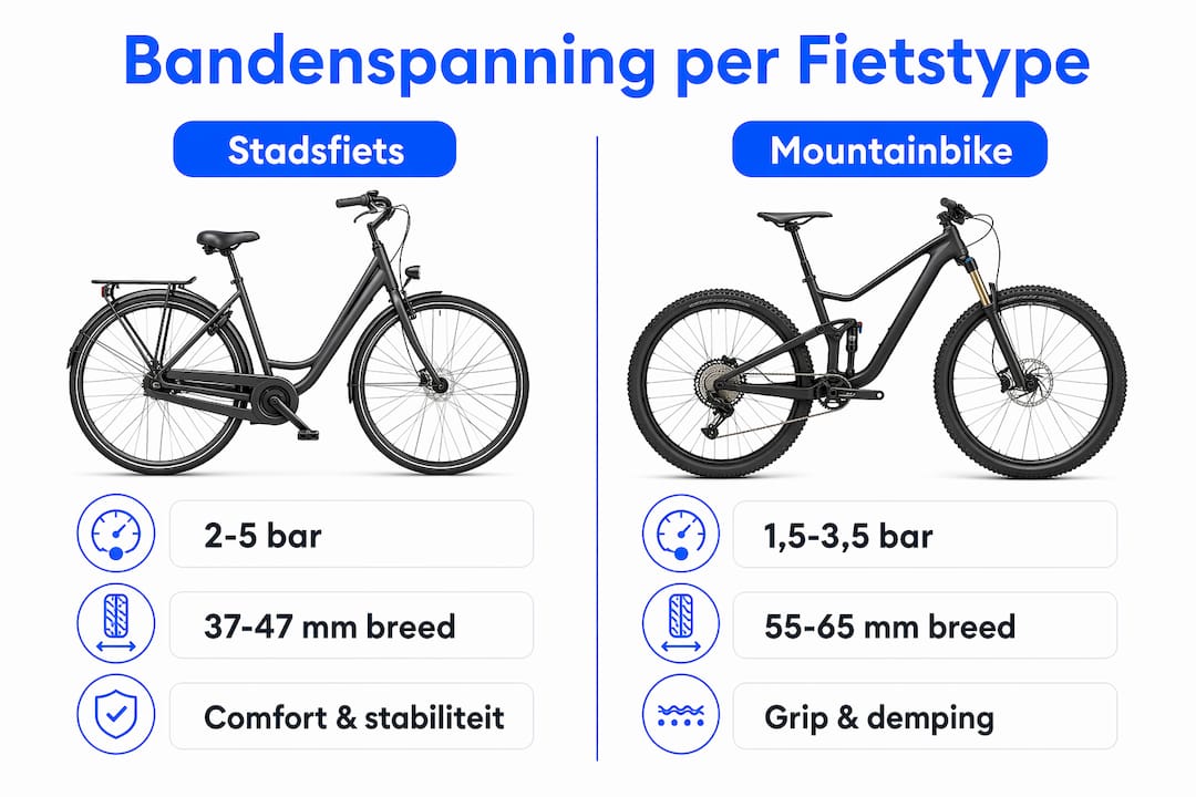 Infographic: verschillen in bandenspanning tussen stadsfietsen en mountainbikes
