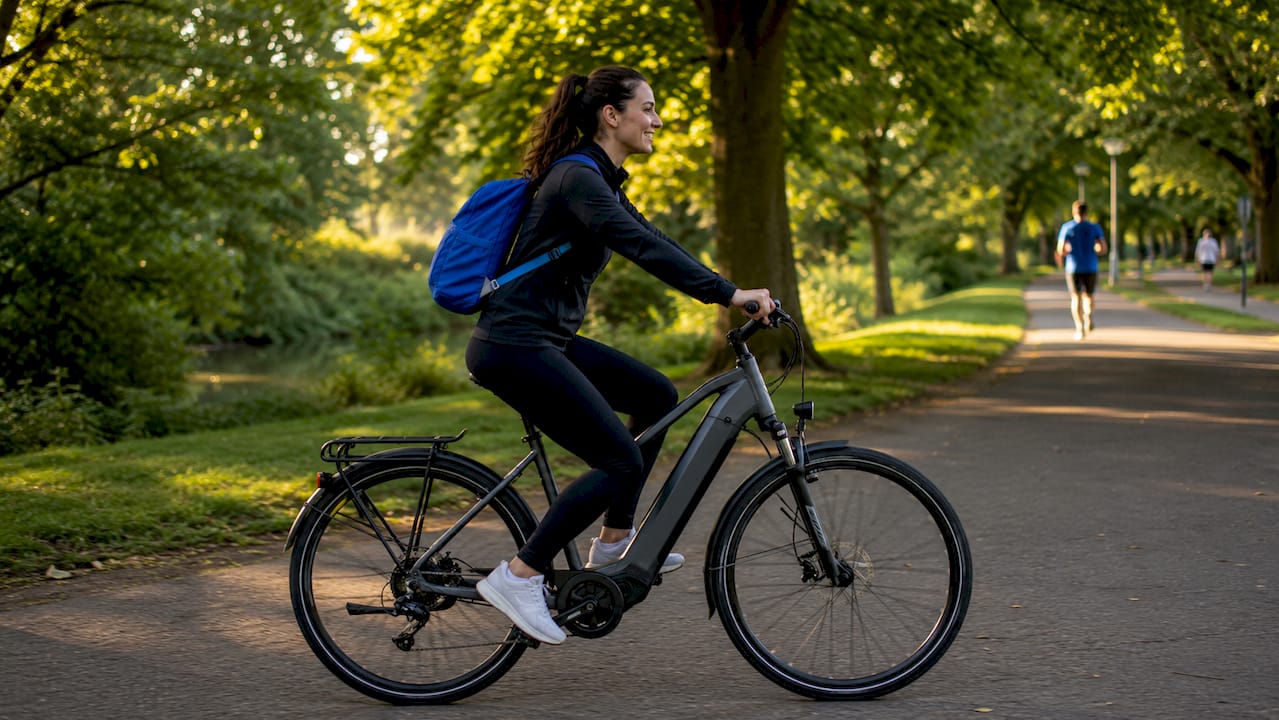 Een jonge vrouw fietst op haar elektrische fiets door de stad onderweg naar haar werk.
