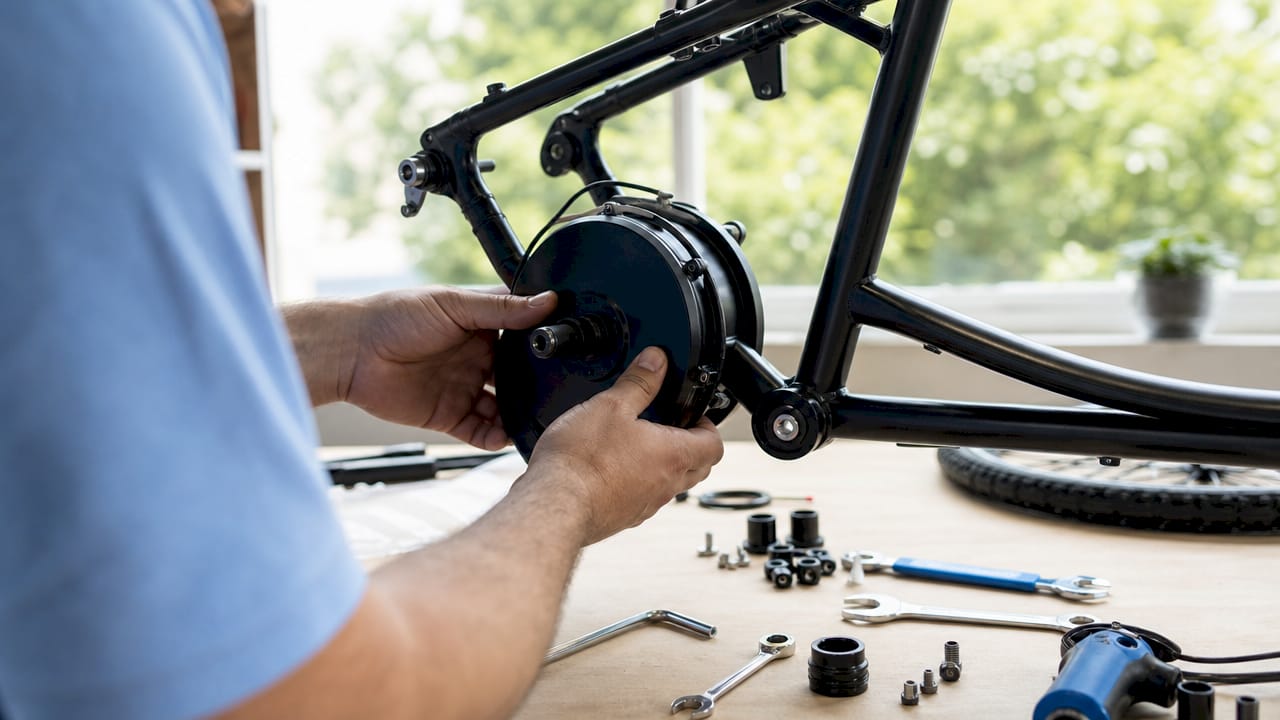 Met zorg bevestigen handen een middenmotor op het frame van een elektrische fiets.