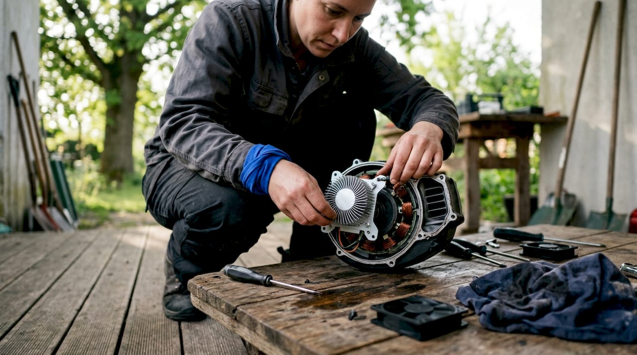 Een monteur plaatst binnenshuis een ventilator op de motor van een e-bike.
