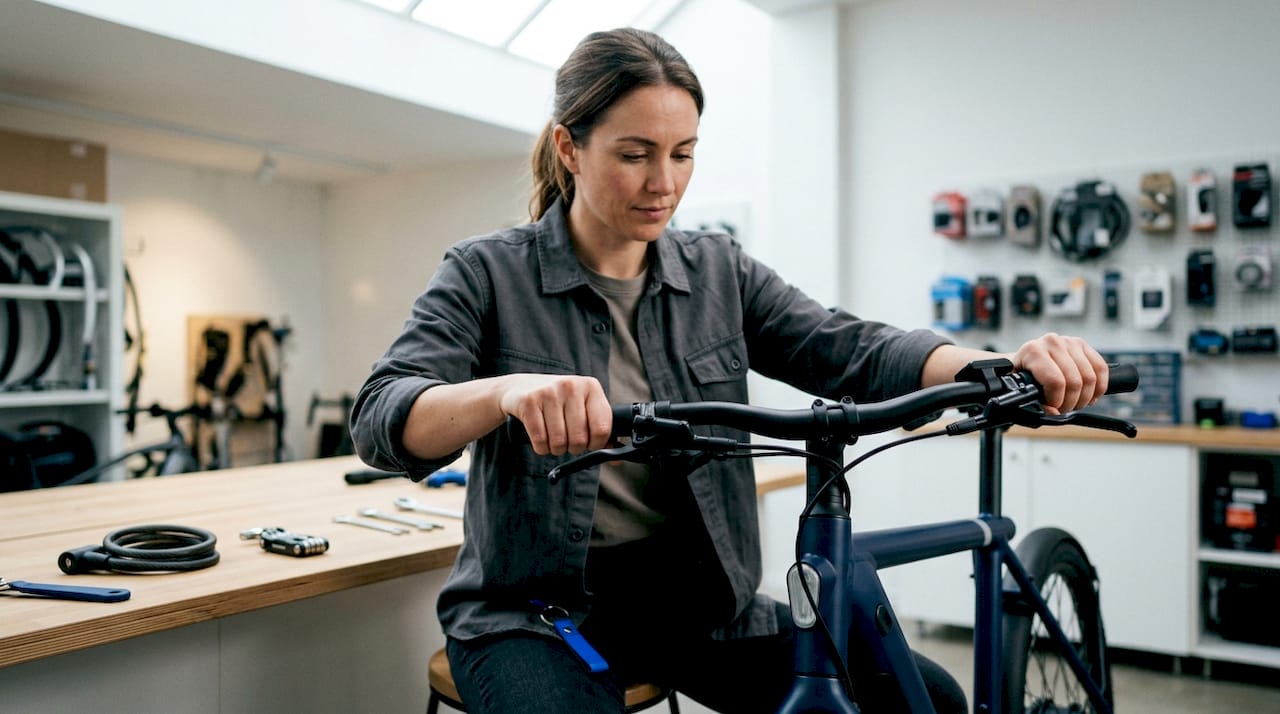 Vrouw controleert de remmen van haar e-bike in de garage