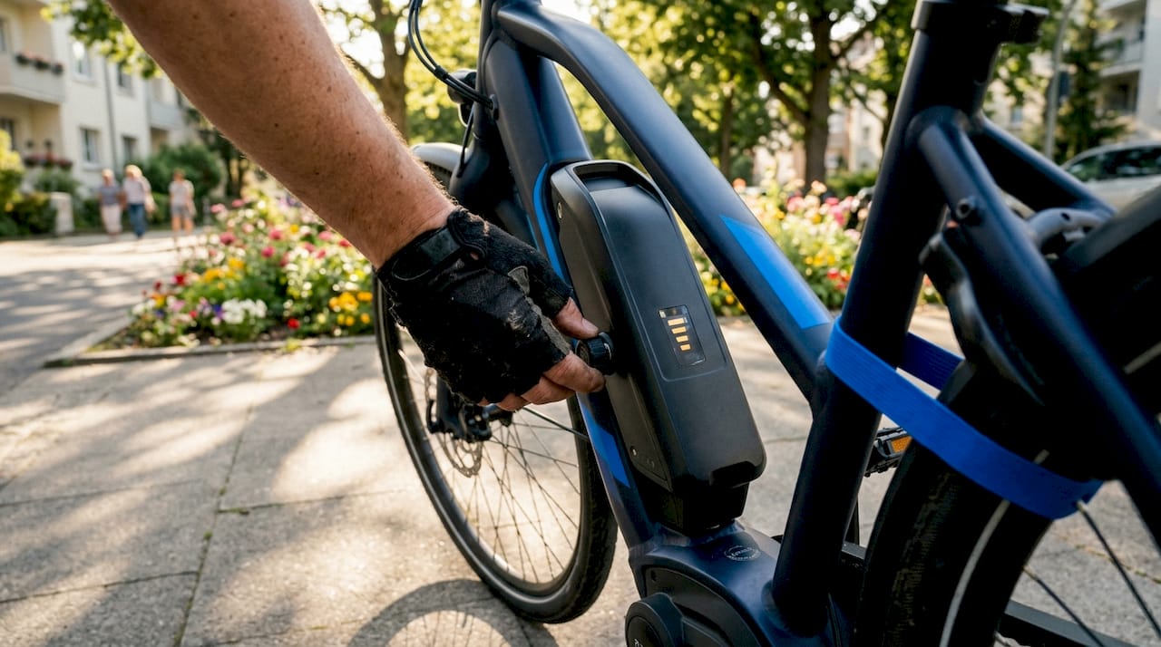 Close-up van een hand die het batterijniveau van een e-bike controleert