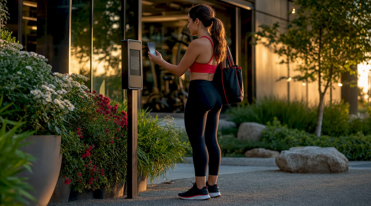 Gym member scanning QR code for class booking