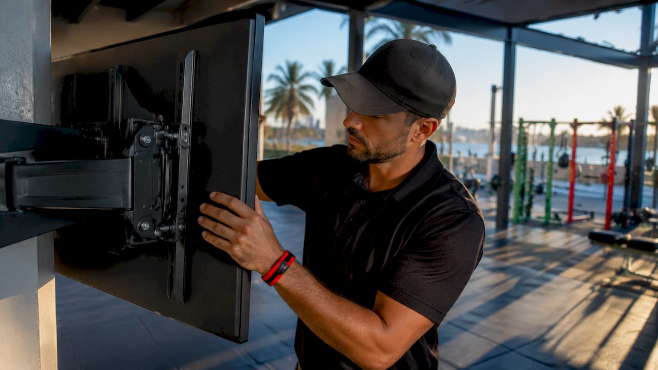 Technician adjusting gym smart TV hardware