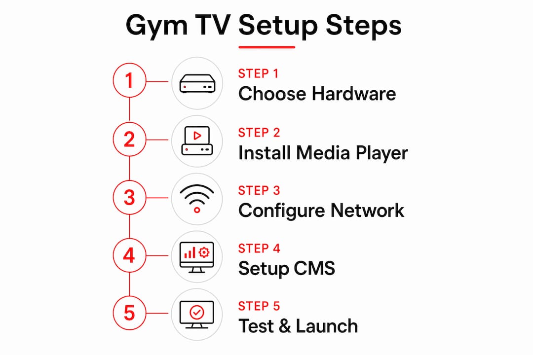 Infographic illustrating gym TV setup stages