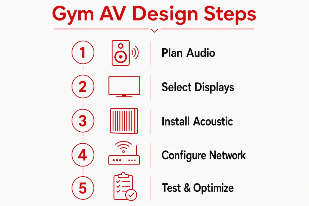 Infographic illustrating gym AV system design steps