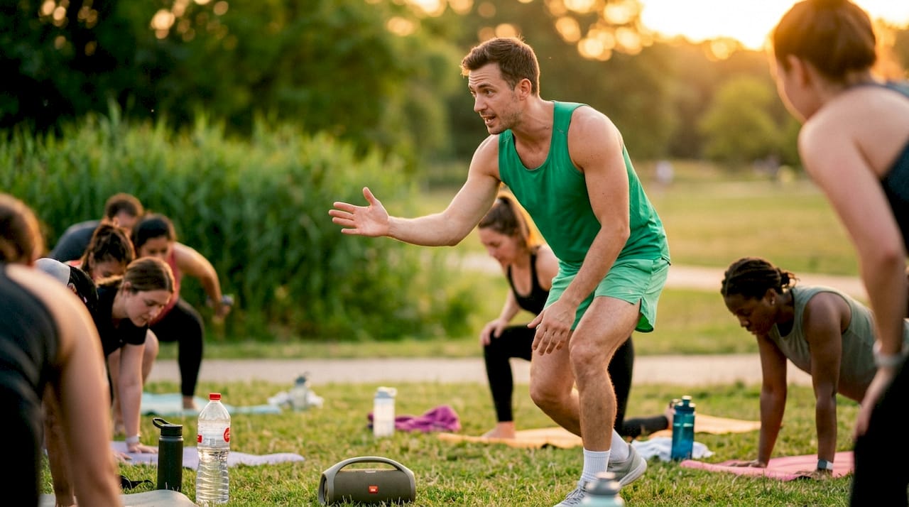 Fitness instructor cueing class participants