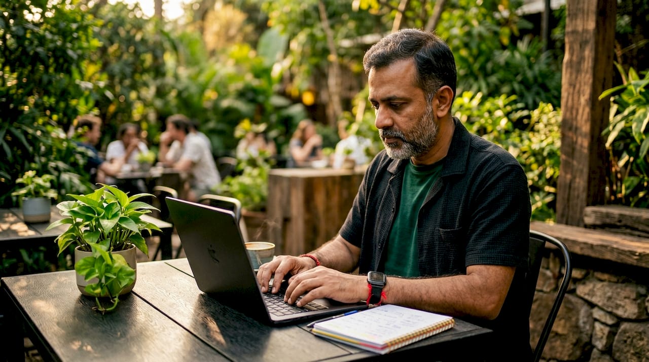 Hands typing gym social media posts on laptop