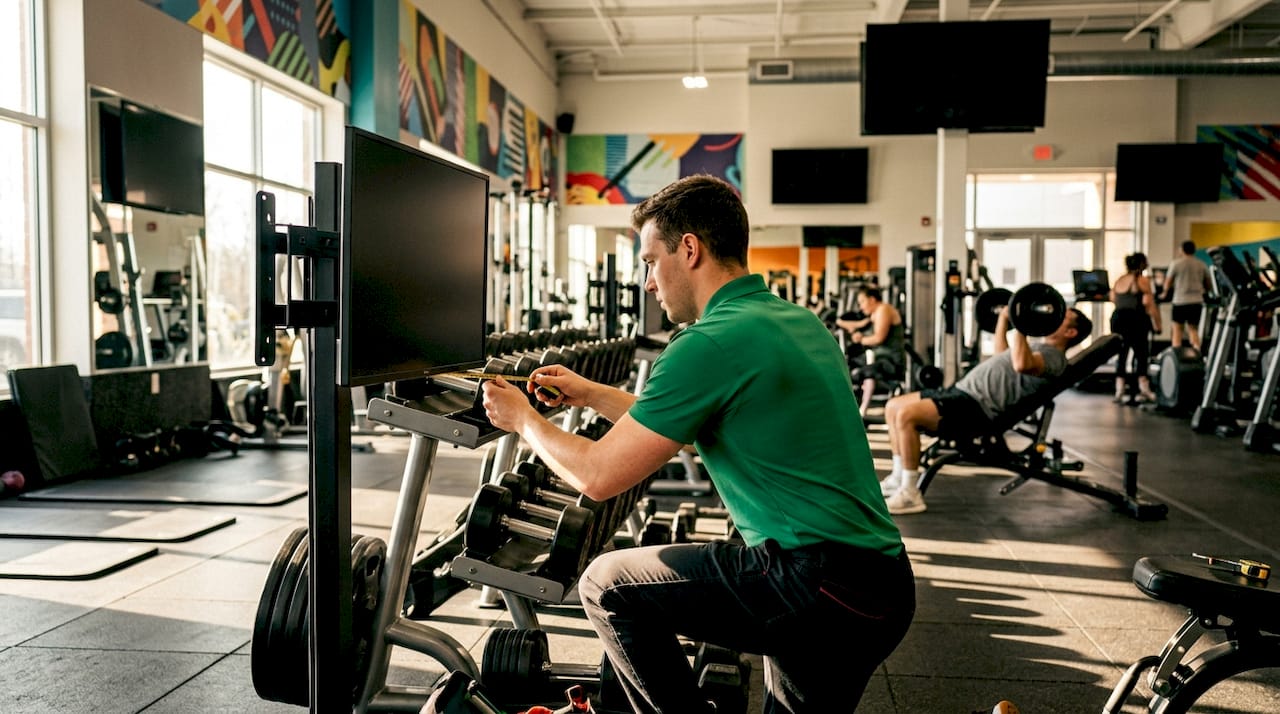 Gym technician adjusting digital signage screens