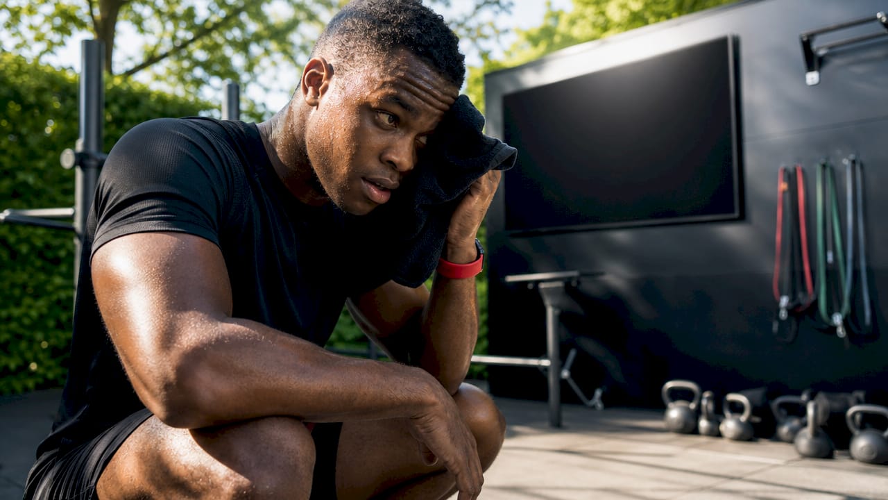 Athlete resting between sets near gym screen