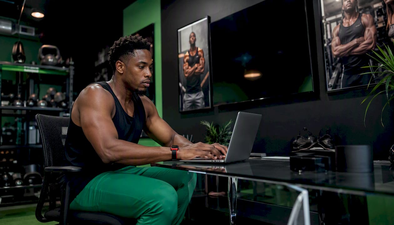 Gym staff updating scheduling software on laptop