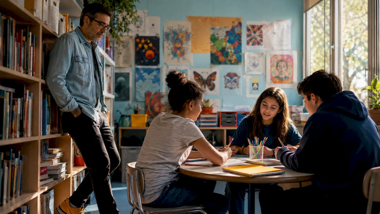 Teacher observing students working at desks