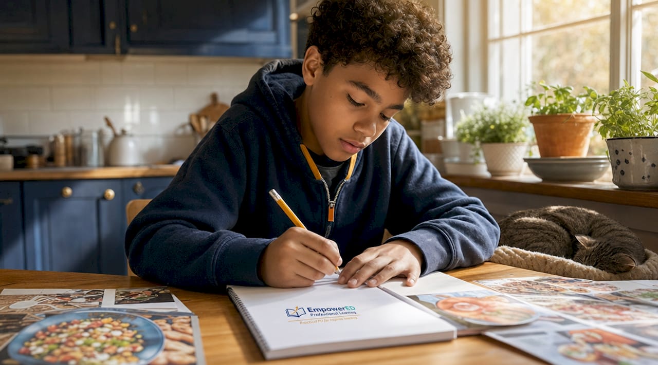 Student writing in effort journal at home study nook