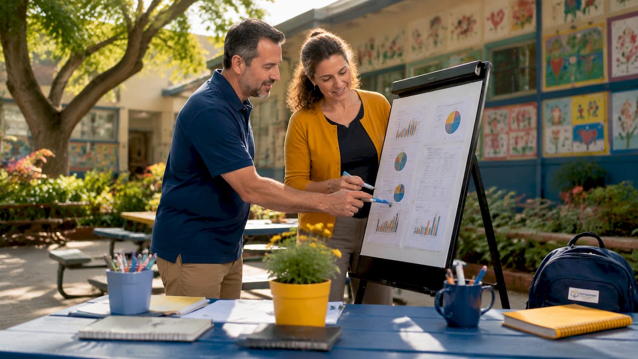 Two teachers discussing student assessment charts