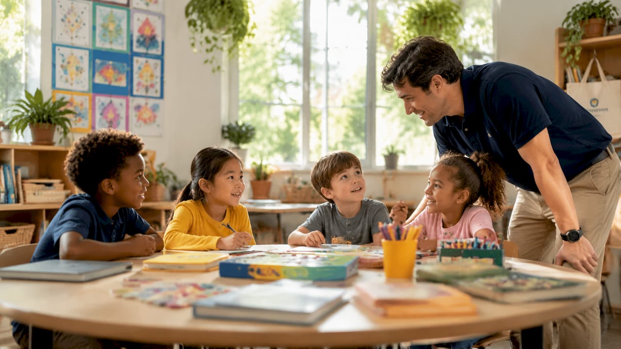 Teacher guiding students using AI multimedia tools