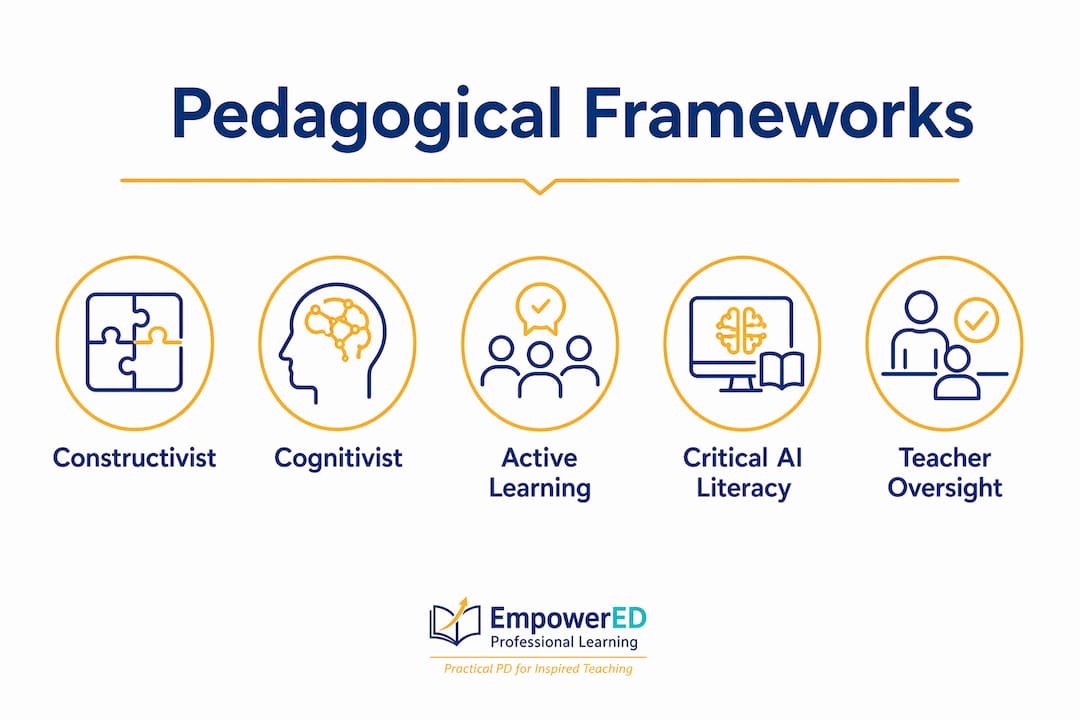 Infographic showing key pedagogical frameworks for AI integration in education