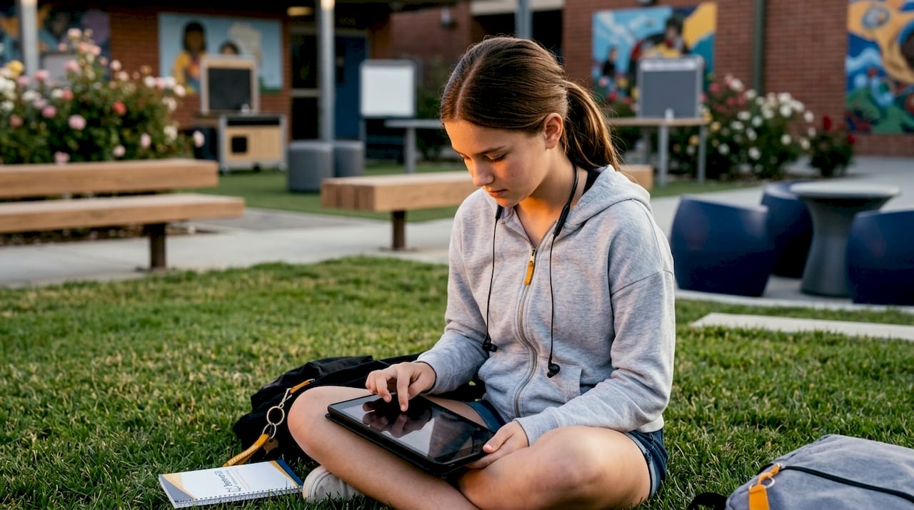 Student actively using tablet in classroom