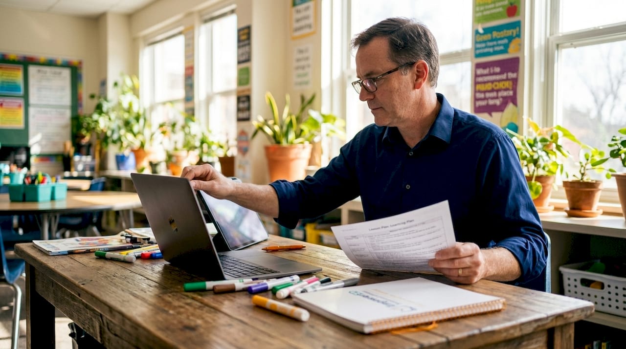 Teacher preparing hybrid lesson with multiple devices