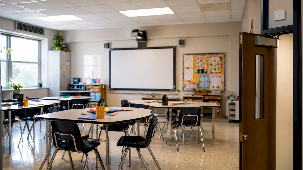 Empty classroom with energy-efficient systems