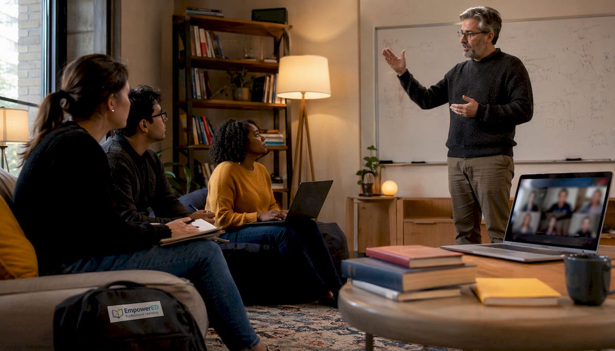 Professor teaching HyFlex classroom hybrid session