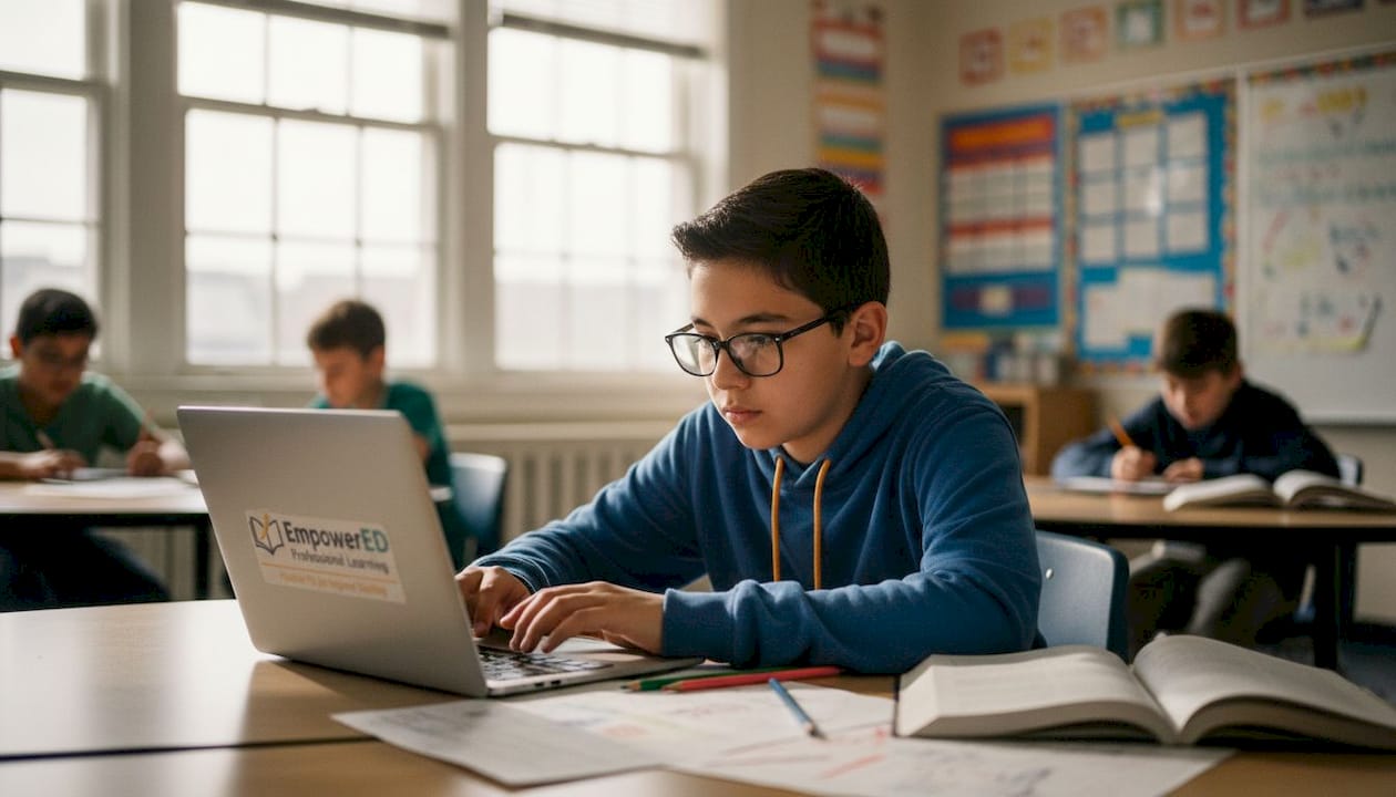 Middle school boy using laptop for visual summary