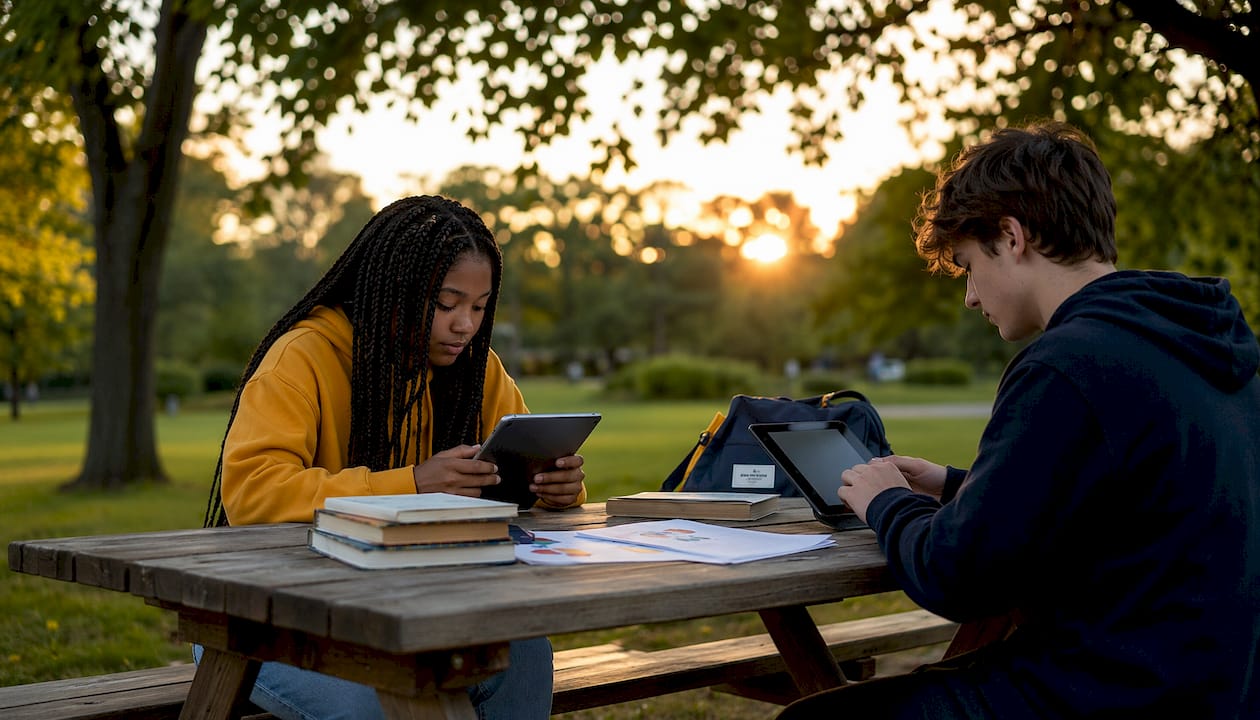 Two students using tablets in library