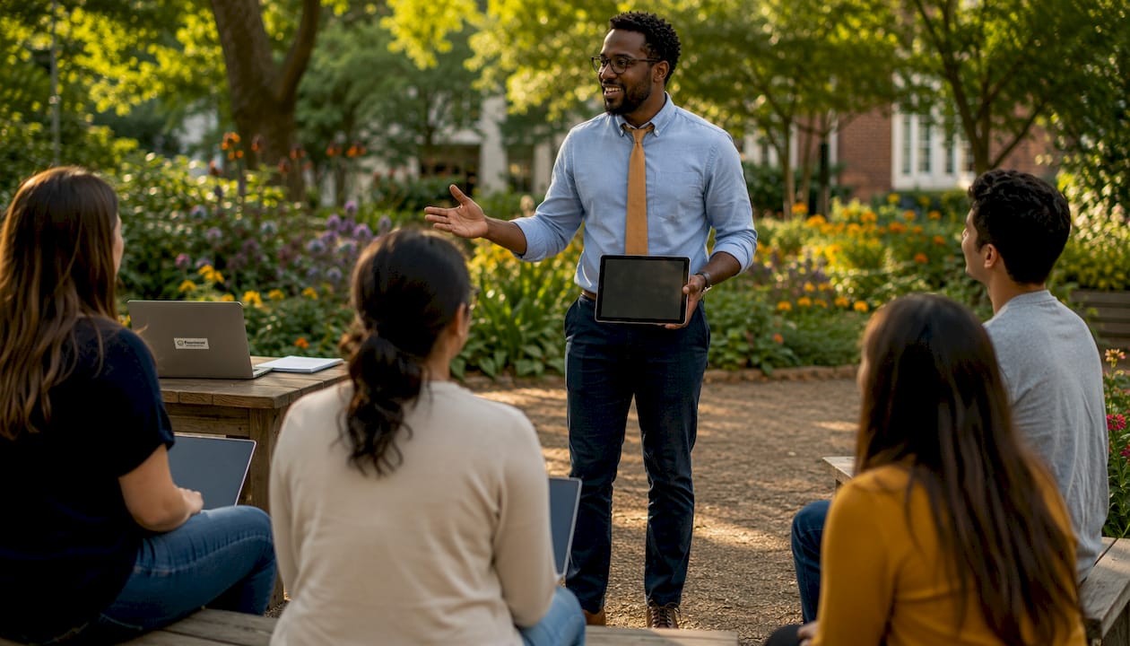 Teacher addressing hybrid classroom challenges